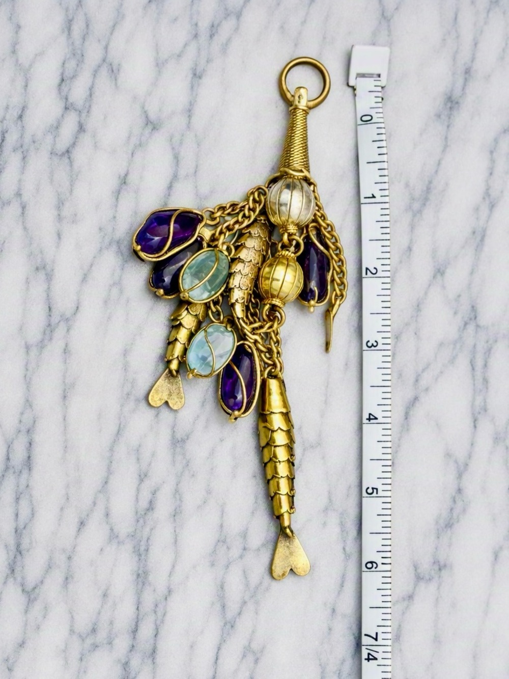 Signed Celia Harms Fish, Gemstone Fob/Pendant • Gold Vermeil over .925 • 62.9g - Picture 7 of 7